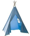 Blue, triangle shape tent with 4 wooden poles