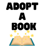 A graphic with the text "Adopt a Book" and an image of an open book with stars shooting out of it. 