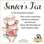 A poster with text "Senior's Tea at the Invermere Library in top centre. A cartoon graphic of tea cups stack on top of each other on the left side. Text reading "Join us for a cup of tea and some company! All welcome. 2nd & 4th Thursday each month at 2 pm" on the right side next to the tea cups.