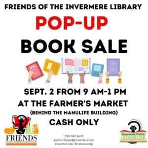 Poster that reads "Friends of the Library Pop-Up Book Sale". Graphic of several arms holding books. Below graphic reads "Sept. 2 from 9 am-1 pm at the Farmer's Market. Cash Only."