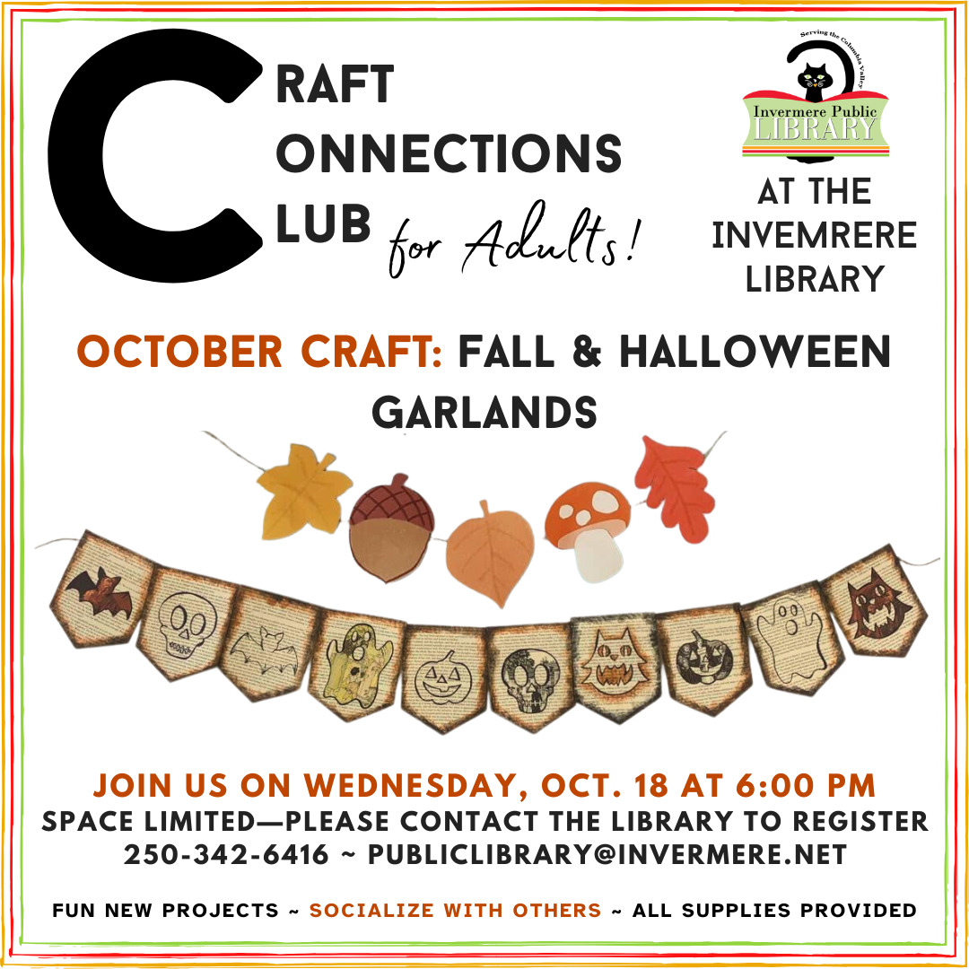 Text on poster has the details listed in the event description. There is a photo of two garlands--one fall themed with leaves, acorns and mushroom, and a Halloween one with ghosts, pumpkins, etc.