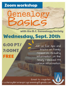 Genealogy Basics poster. Top third of page background is old, ripped paper with text "Genealogy Basics" overtop in orange. Pale green background for rest of poster. An image of old books, partially faded in the right bottom side. Workshop details written out, that are in the event description.