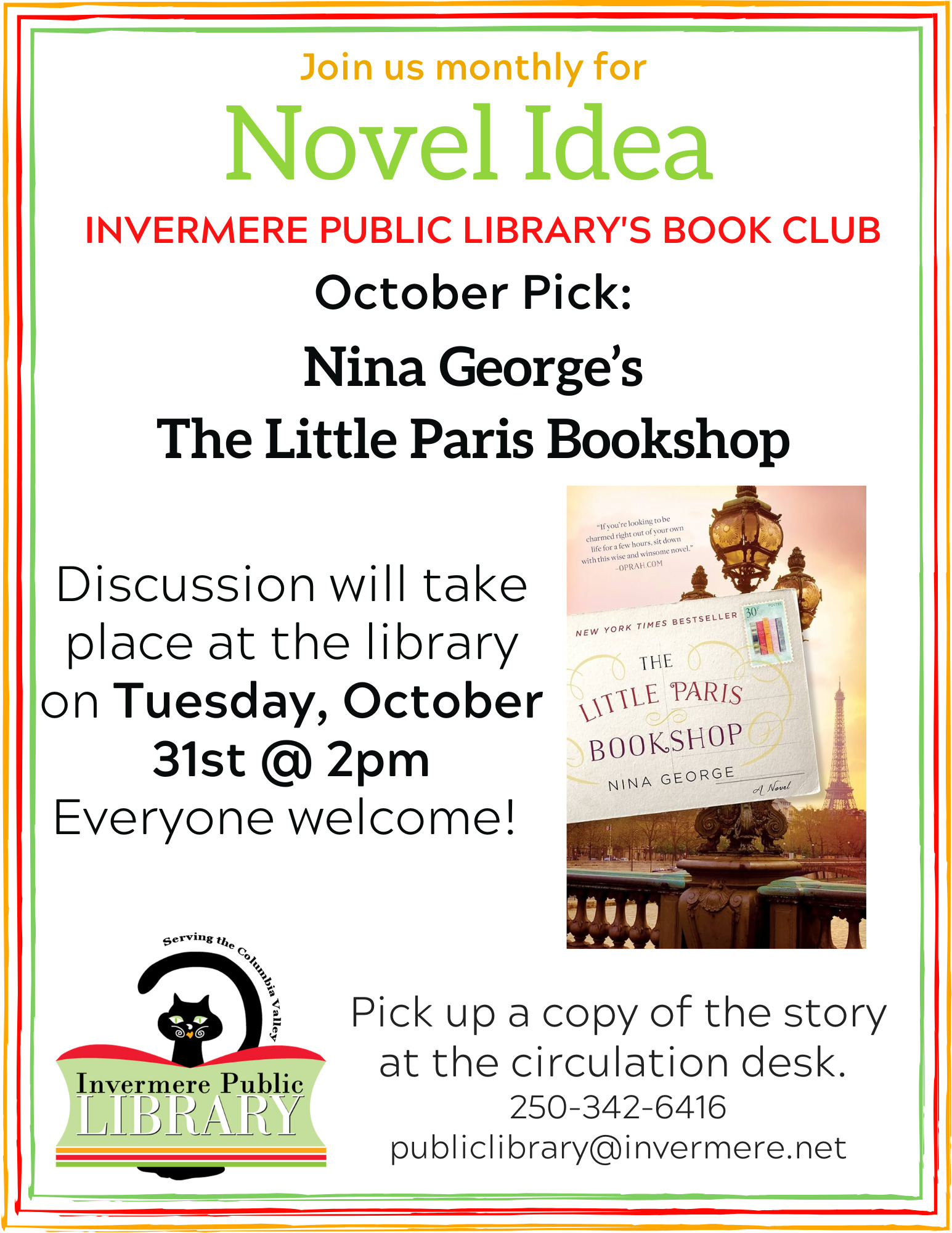 Provides title, author, and meeting details for this month's Novel Idea book club. Details are in the event description