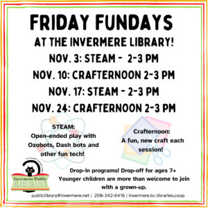 Schedule of Friday Funday events. Alternating between STEAM programming and crafts each week