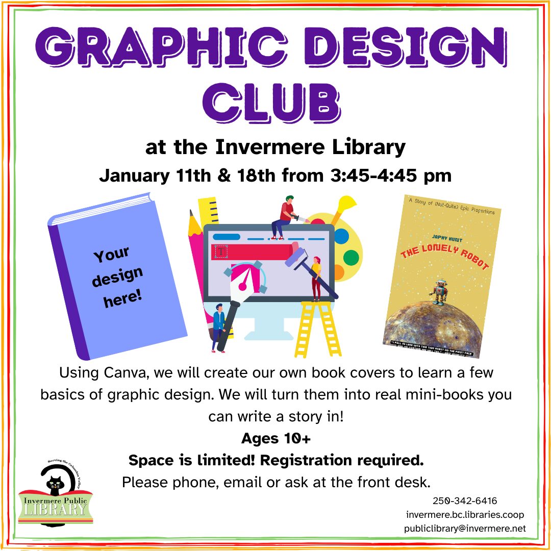 Text on image is listed in event description. Also an image of a blank book with "your design here!" on top and a cartoon graphic depicting graphic design.