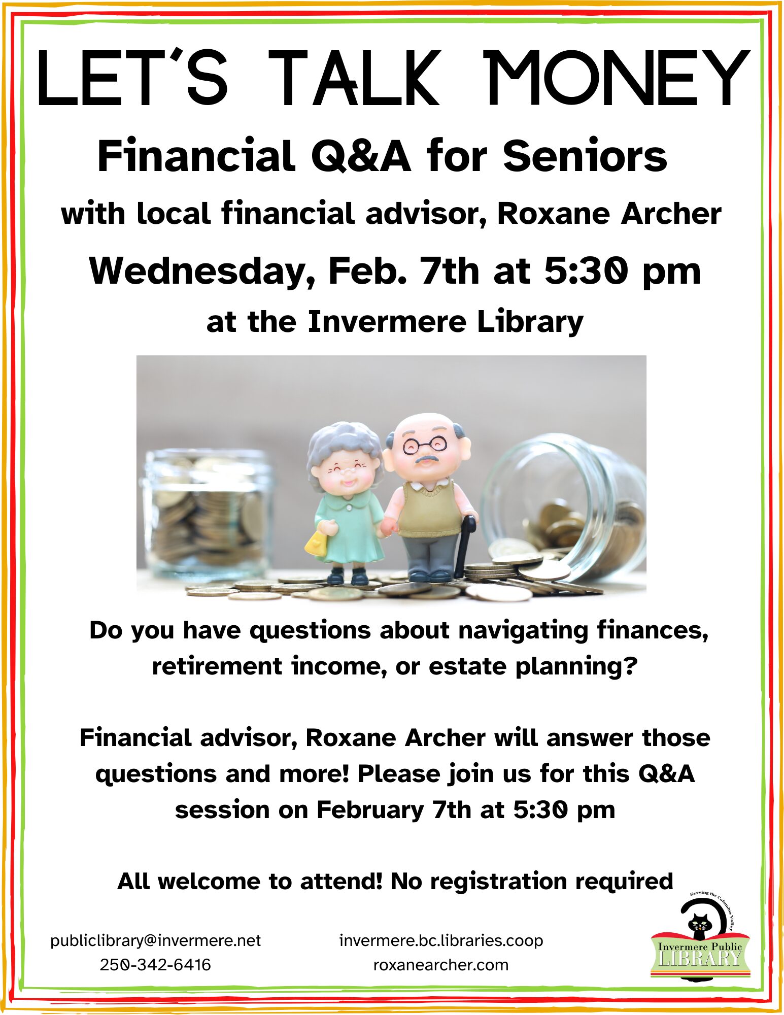 text on image is in the event description. Also a cartoon of two seniors with coins in the background.