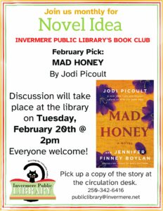Book club meeting details written on graphic are in the event description. Also cover of the book, Mad Honey by Jodi Picoult