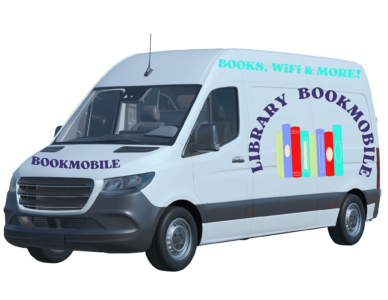 bookmobile ---Sprinter can with the words "Library Bookmobile: books, Wi-Fi & more" on the side and a cartoon of books.